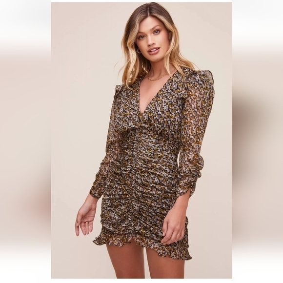 Astr Dresses & Skirts - ASTR XS The Label Kimbra Dress Mini Ruched Floral Long Sleeve Ruffle V Neck